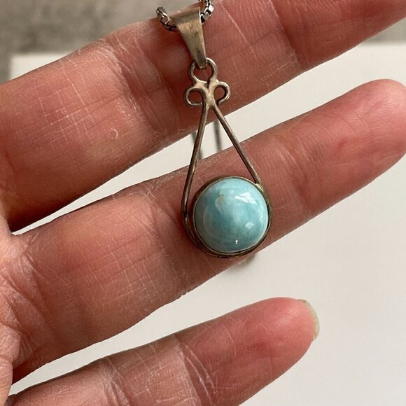 Cabochon Polished Amazonite Sterling Silver Pendant Necklace Box Chain 10" Drop - Picture 3 of 7